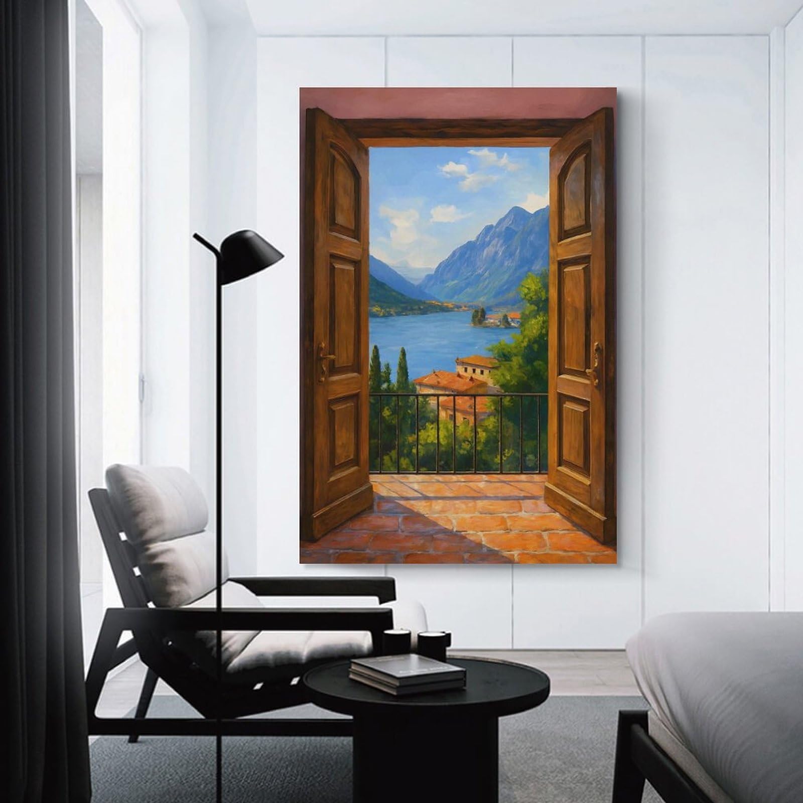 Junmoney Open Door to Lake Como View Decorative Wall Artwork, 24x36inch(60x90cm), for New Homes, Bedrooms Or Workspaces, Gift Idea for Housewarming And Birthdays