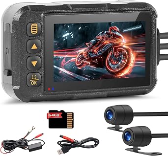 Motorcycle Dash Cam Screen, Front and Rear Dual Cameras for Motorcycle with 24/7 Parking Mode, IP67 Waterproof, Wide Angle, HDR, G-Sensor, Loop Recording, Free 64GB TF Card