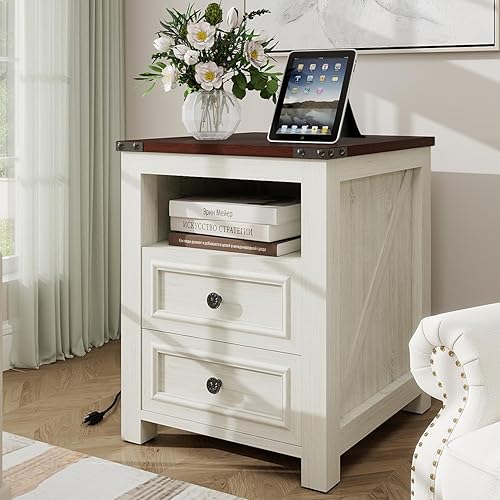 Miniatura 1 de MUUEGM Mesita de noche de granja con estación de carga, mesas auxiliares para sala de estar, mesa auxiliar de 18 pulgadas con cajones y armario de