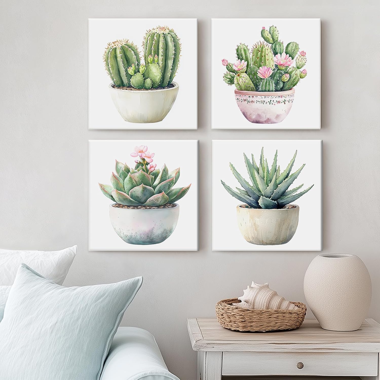 Cactus Succulent Wall Art Sage Green Bathroom Wall Decor, Tropical Plant Botanical Pink Flower Canvas Prints for Living Room Bedroom Bathroom - Ready to Hang - Framed, Set of 4, 16x16Inch