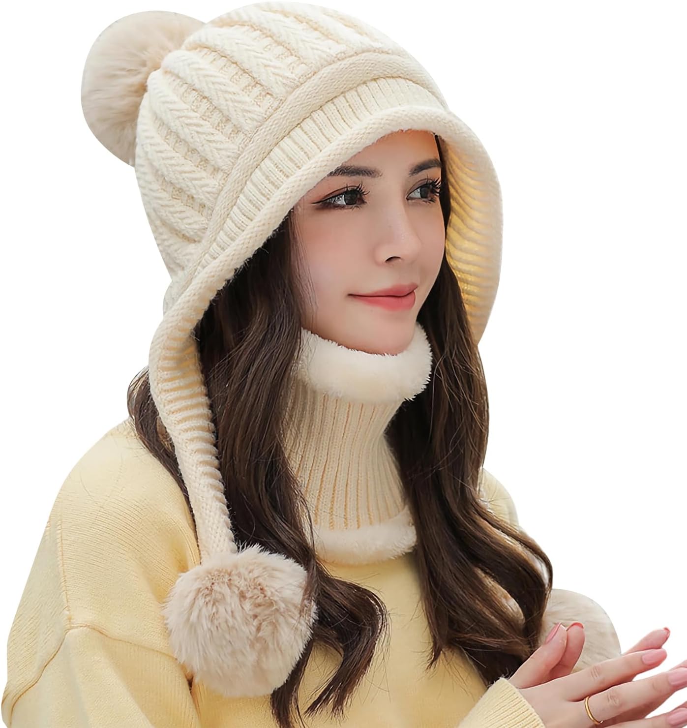 Women Winter Beanie Hat Circle Scarf Set Pompoms Peruvian Ski Snow Ear Flaps Sherpa Knit Hats Fleece Lined,S to M Size Head