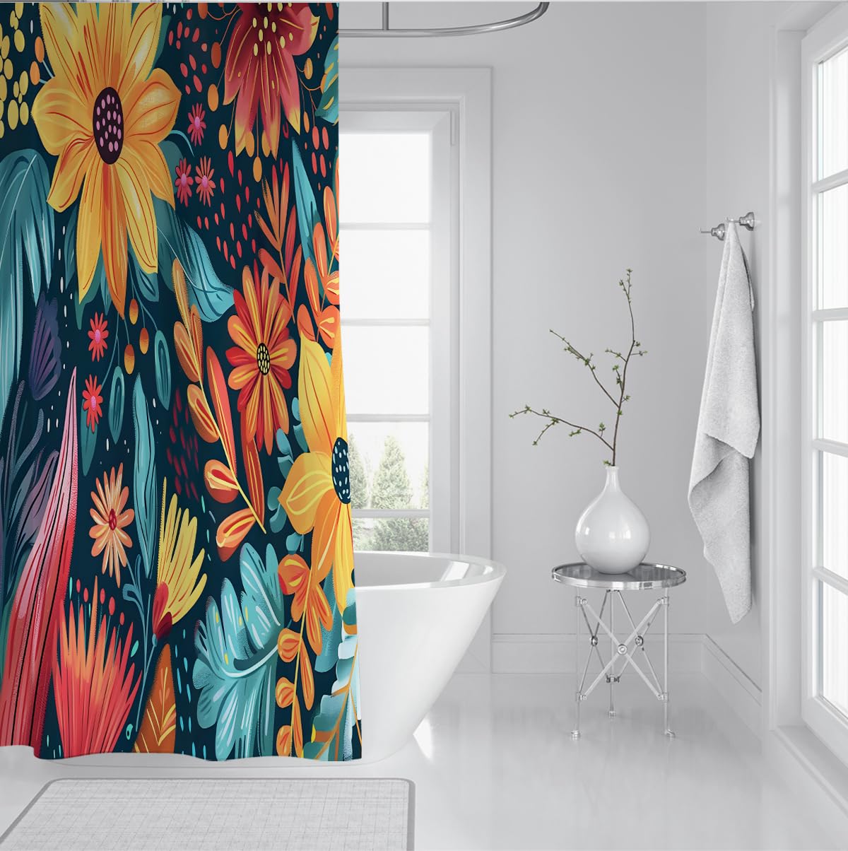 Rideau Douche Jardin ete Vintage tournesols Feuilles 200 x 220 cm | Rideau de bain fleurs rustiques, polyester impermeable, deco salle de bain avec crochets plastique