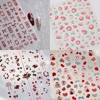 ネイルステッカー 新年 4枚 リボン 苺 ウサギ ネイルシール 3D 立体 ネイルデカール 手の爪 DIY ネイル 貼るだけ ネイルデコレーション 浮き彫り 可愛い 正月 ネイルアート 大人・子供兼用