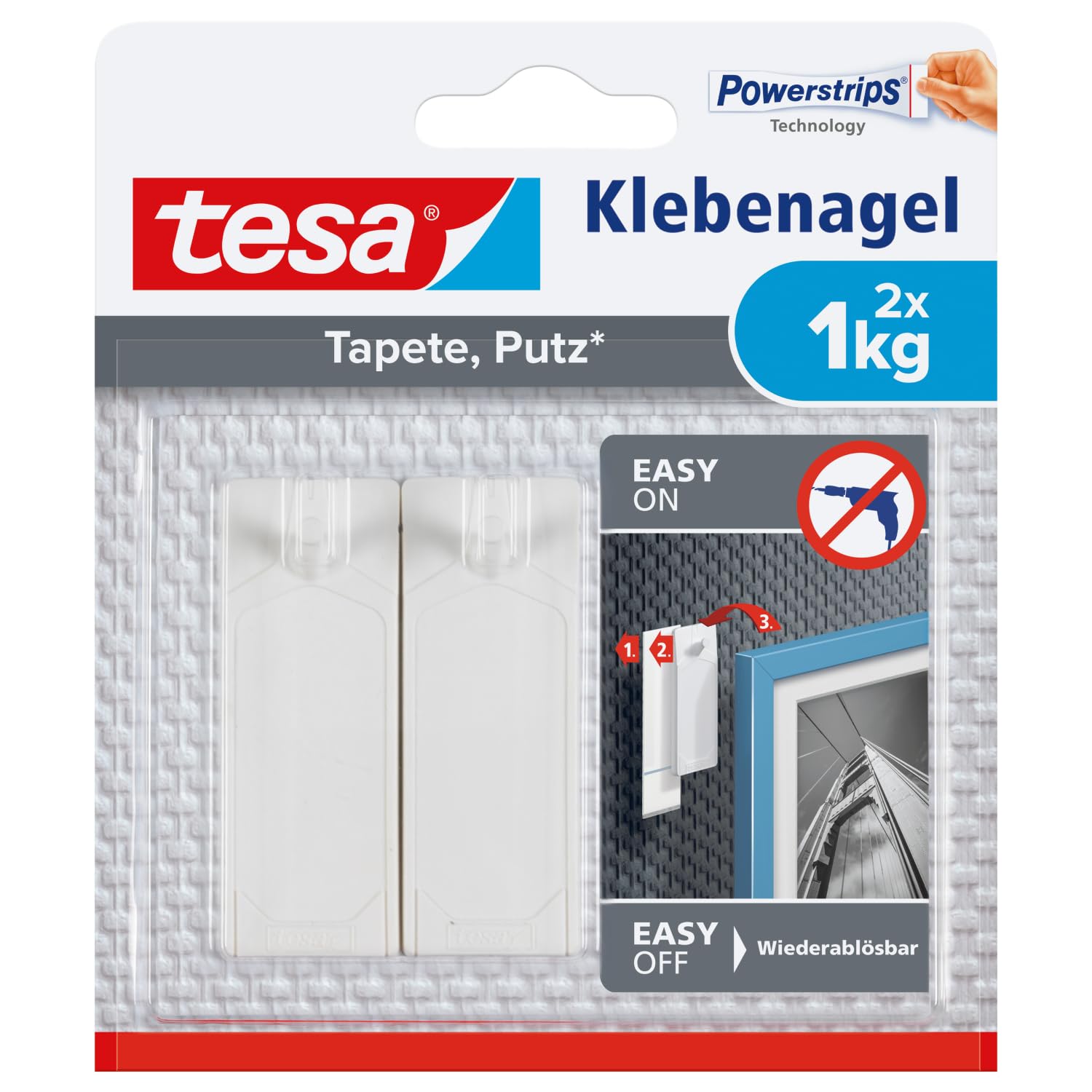 tesa Klebenagel für Tapete & Putz, 1 kg - 2 Nägel inkl. Powerstrips