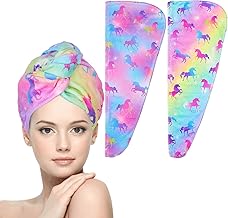 2 Pack Microfibre Hair Towels - Quick Drying, Super Absorbent With Button. Designed For Wet Hair Wraps, Women's & Girls' Rainbow Unicorn