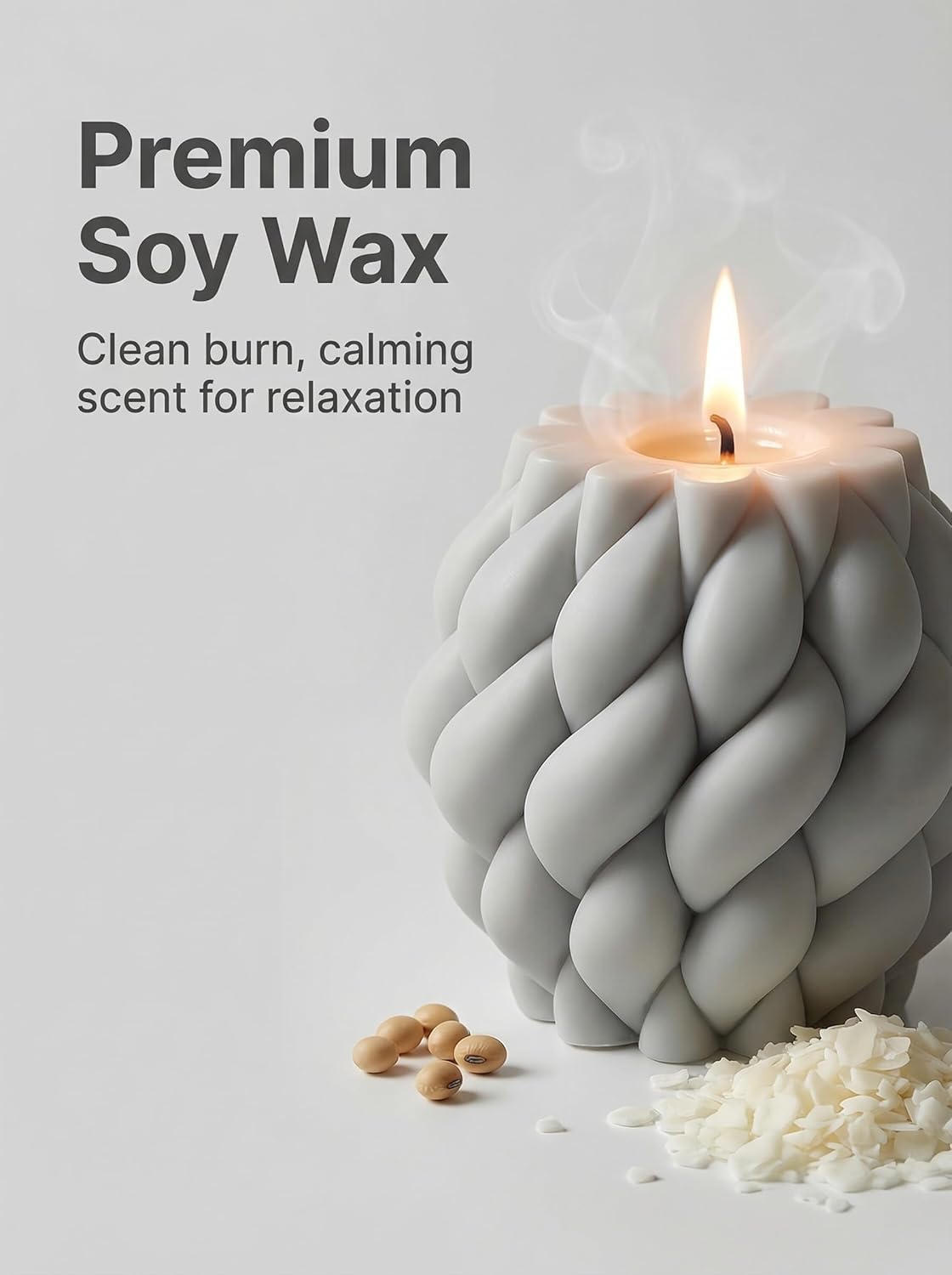 Large Handmade Rope Knot Soy Candle - Elegant Scented Pillar Candle for Home Decor, Perfect Housewarming & Unique Gift Idea, Natural Soy Wax, Phantom Gray (Large)