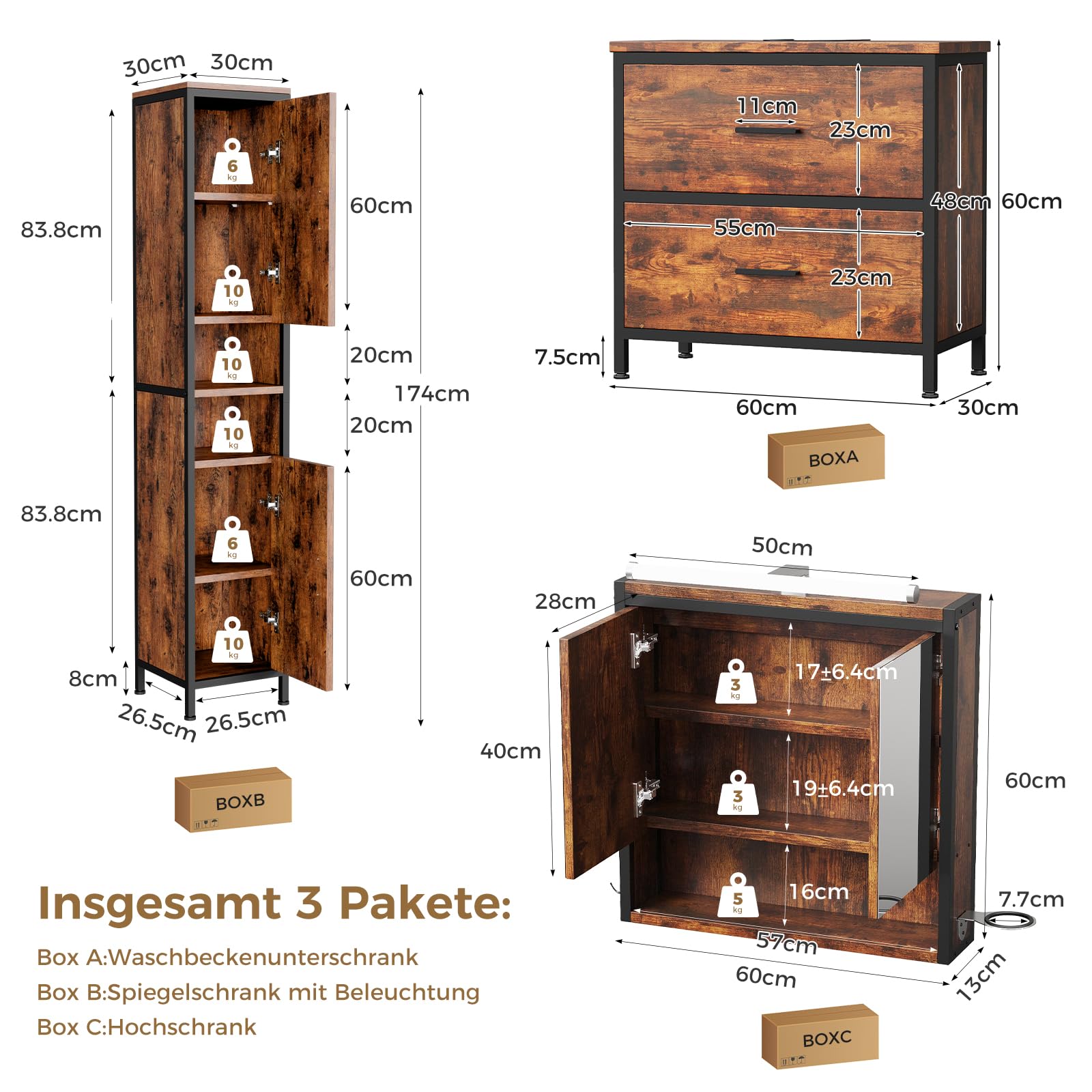 ELUCHANG Badmöbel Set 3,Waschbeckenunterschrank und Spiegelschrank Bad mit Beleuchtung und Hochschrank,Badezimmer Set 60cm,mit Schubladen,Verstellbare Ablage Badezimmermöbel Komplett,Vintage+schwarz