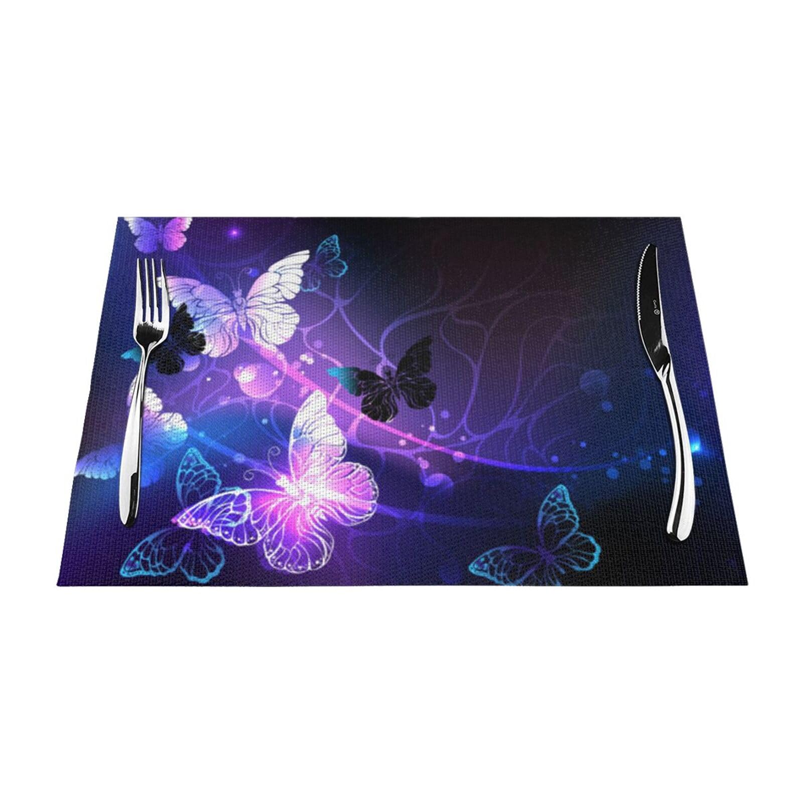 PVC Placemat Set of 6 PCS, 45x30 CM, Beautiful glowing butterfly Printed Non-Slip Heat Resistant Place Mats for Kitchen Dining Table Indoor Outdoor