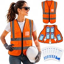 Cooling Safety Vest with 25 Pcs Ice Packs, Orange High Visibility Ice Pack Cooling Vest for Men Women, Reflective Work Vest for Hot Weather, Outdoor Workers, Construction, Warehouse, Yard Work