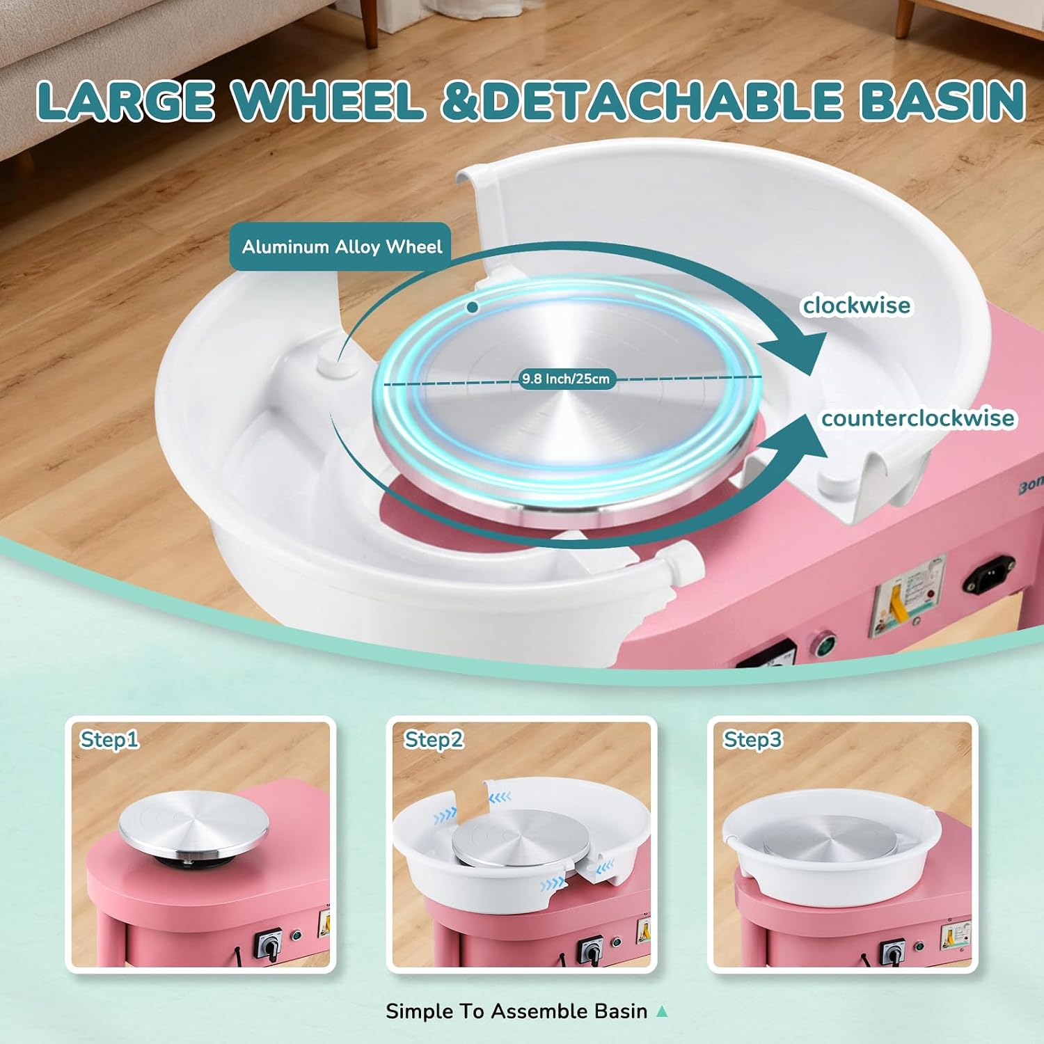 Bonoutil 10" Electric Pottery Wheel with Foot Pedal for Adults, Easy to Center Ceramic Forming Machine Max 20 lbs Capacity Clay Beginner's Art Sculpting Tools Kit for Home Use (Pink)