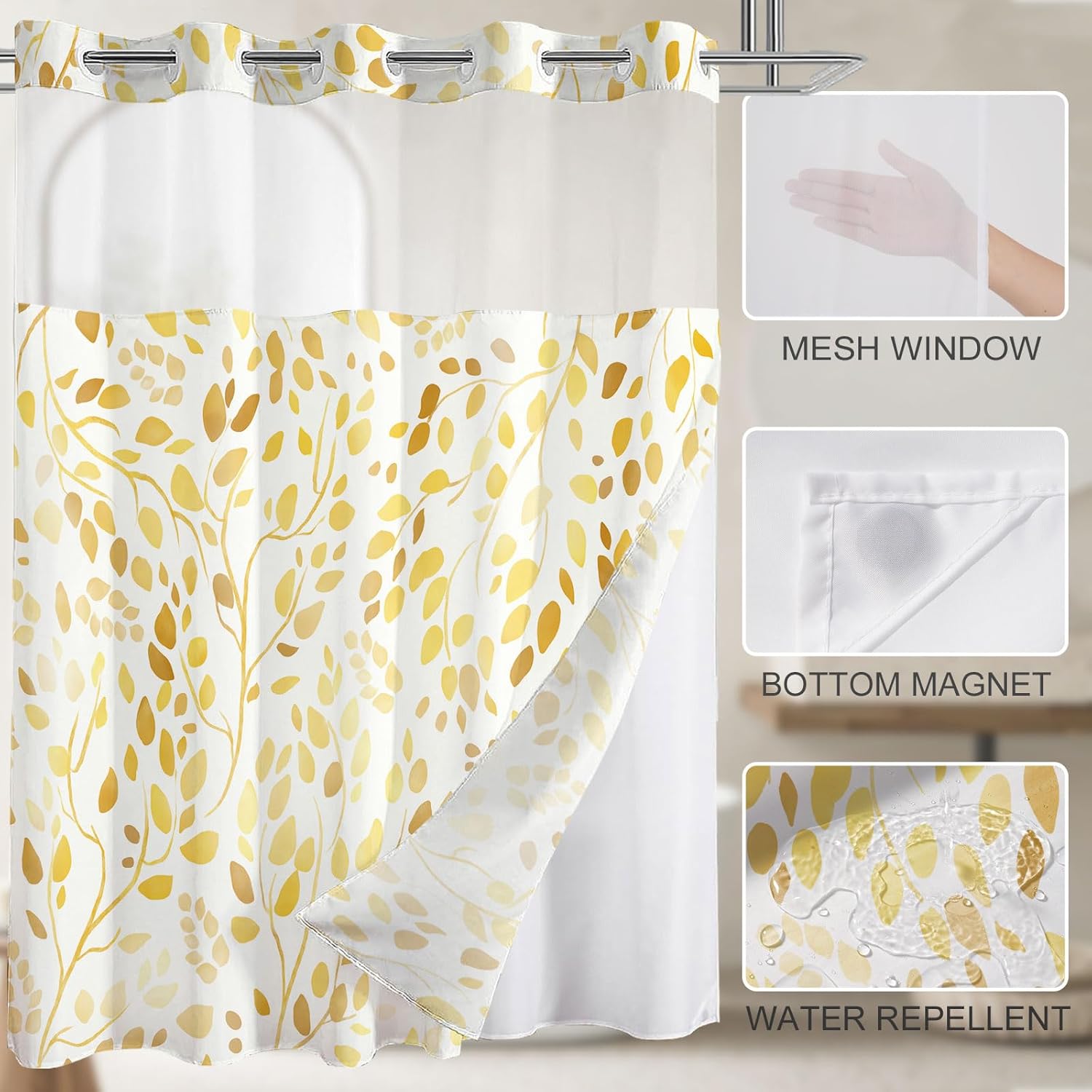 No Hook Shower Curtain with Snap in Liner Set, Boho Yellow Leaves Design, Waterproof Washable Fabric Floral Shower Curtains for Bathroom Decor with See Through Mesh Top Window 71x74 Inch