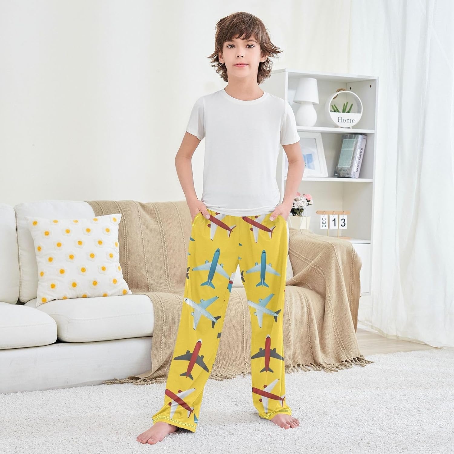 Cute Airplane Yellow Pajama Pants, Soft Modal Lounge Sleepwear, Elastic Waist with Pockets