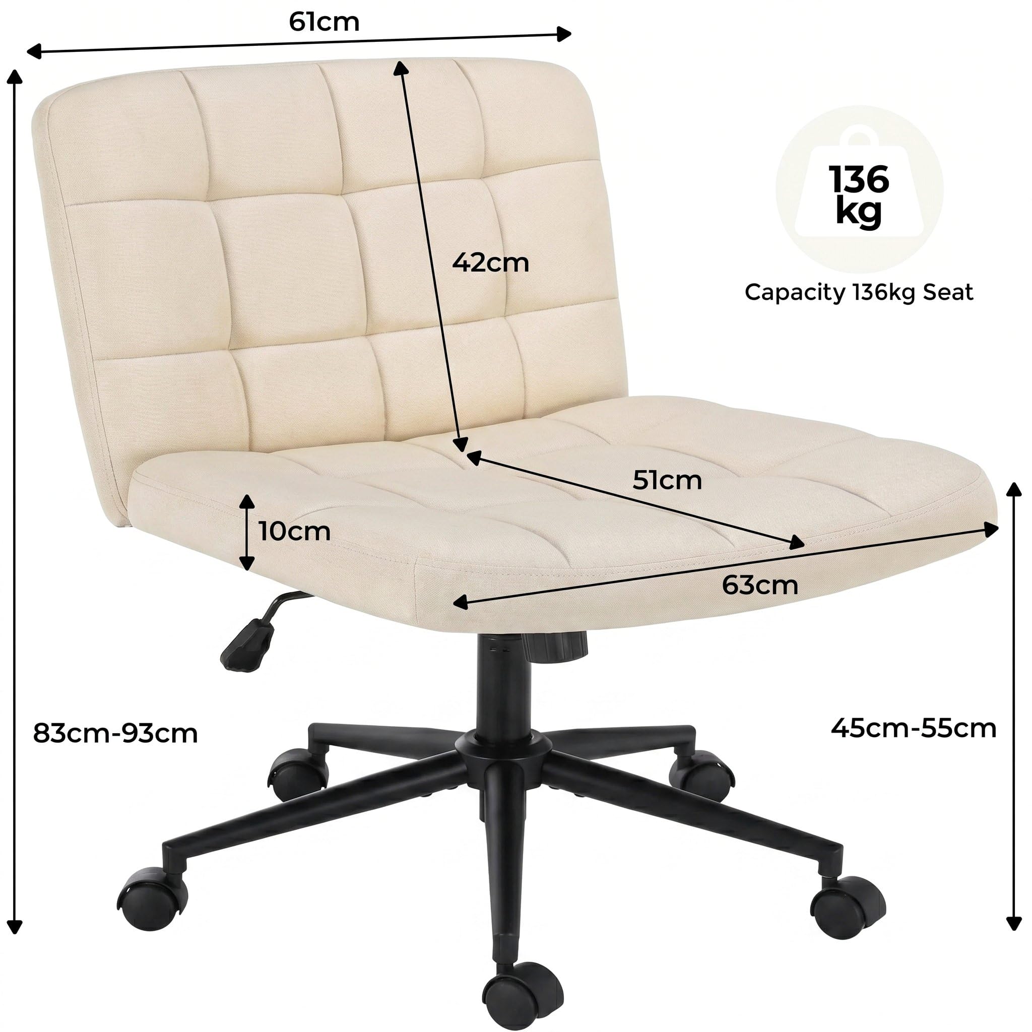 Clevich Bürostuhl Ohne Armlehne, breiter Schneidersitz Schreibtischstuhl, ergonomischer höhenverstellbar, moderner Drehstuhl mit Wippfunktion für Home Office und Schlafzimme (Leinen, Beige)