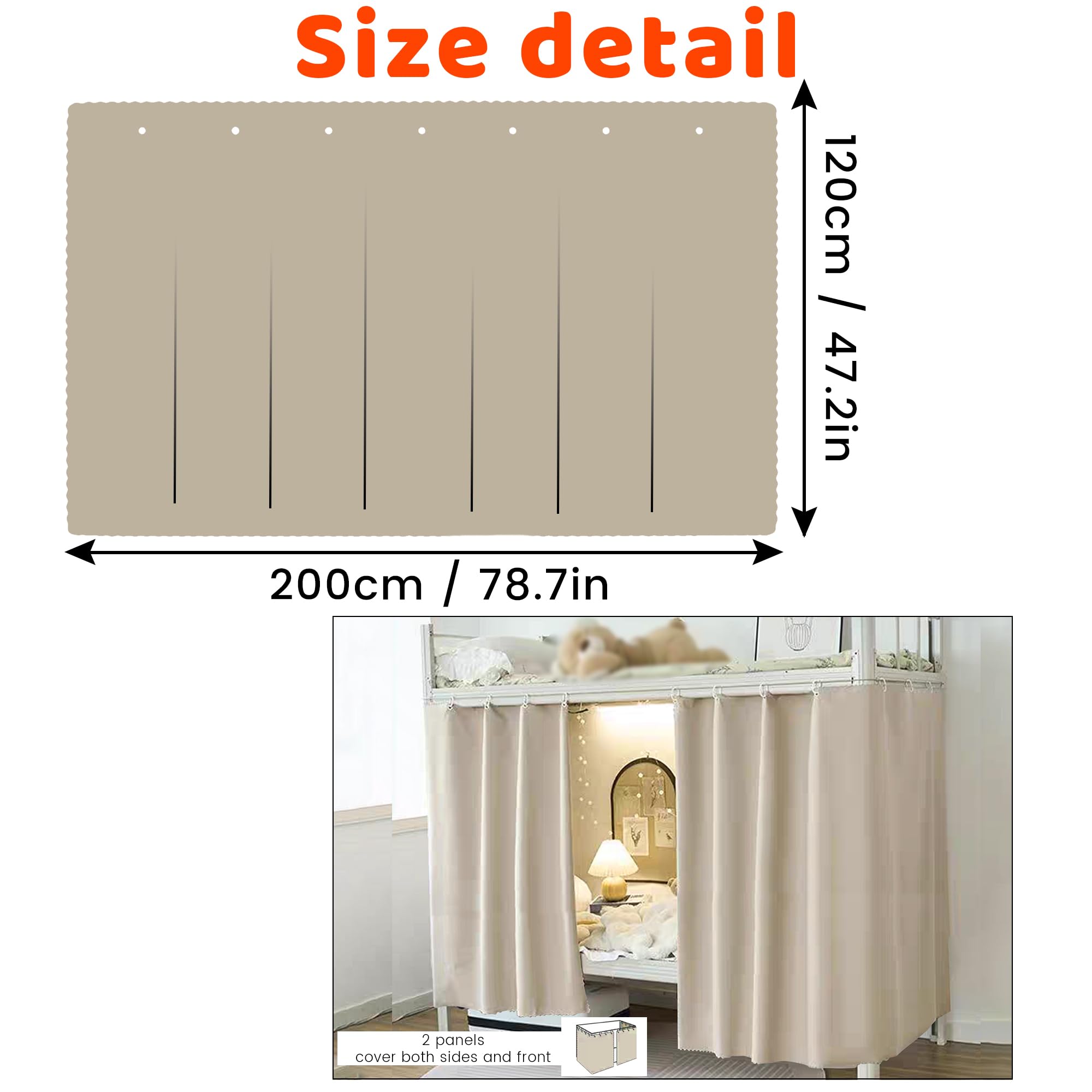 Aisi Bunk Bed Curtains Dorm Room Privacy Canopy Blackout Bunk Bed Drapes for Bottom Bunk Bed, Beige-2panels, 120 x 200 cm - Image 2