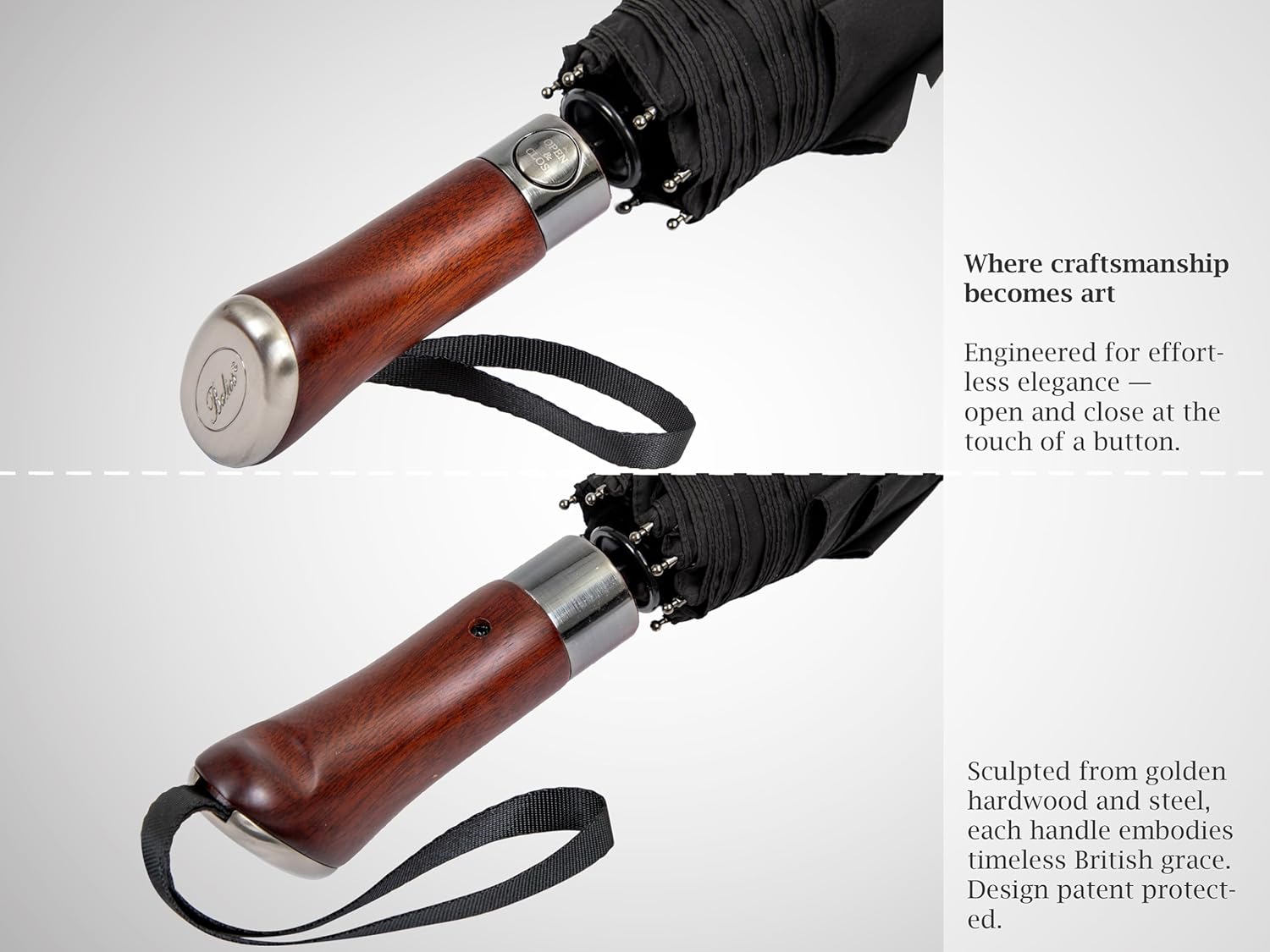 Balios (Designed in UK) Travel Umbrella Luxurious Golden Hardwood Handle Auto Open & Close Windproof Frame Single Canopy Automatic Folding Umbrella Men's & Ladies