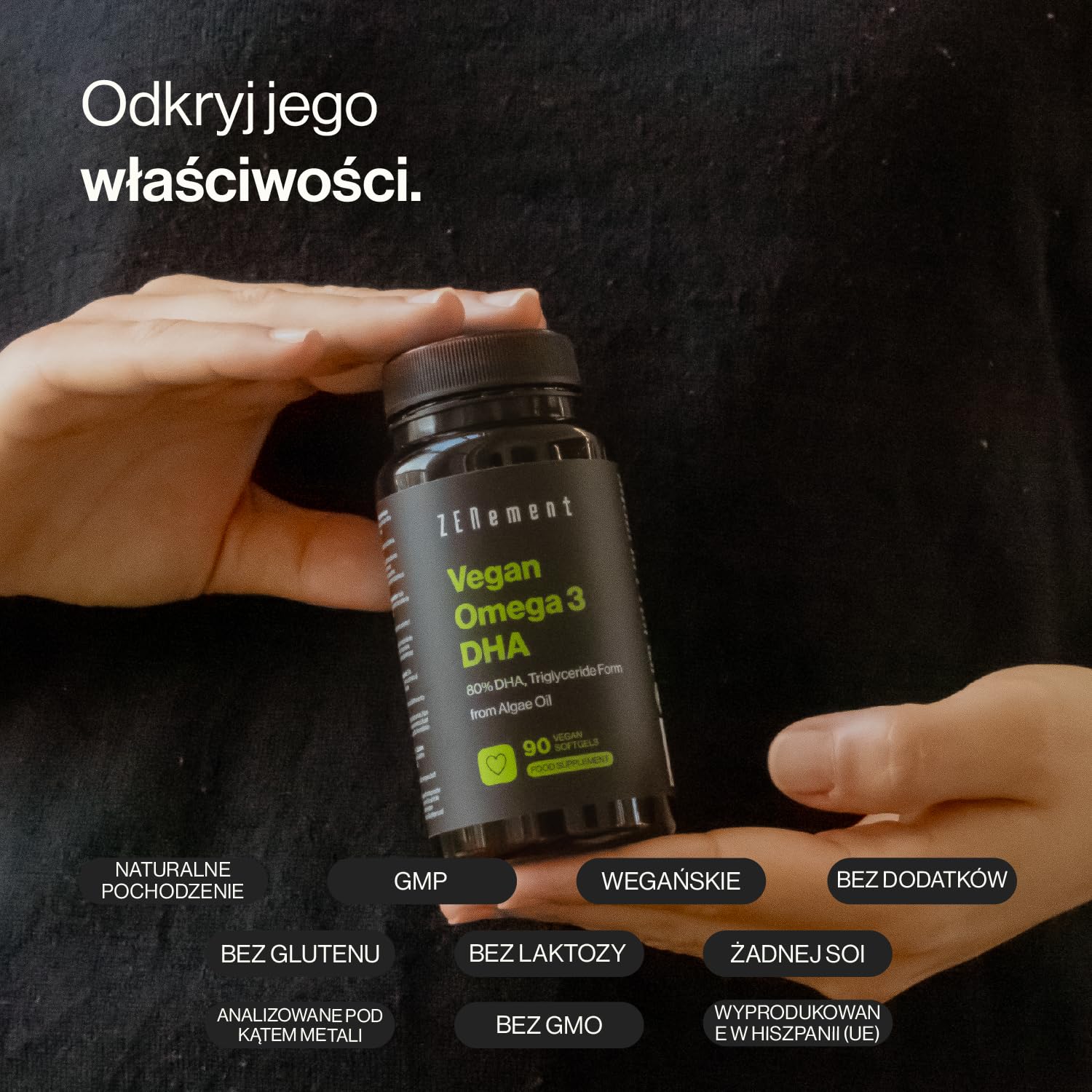 Wegańskie Omega-3 80% DHA - z oleju z alg - 900 mg DHA w porcji dziennej (2 kapsułki) - w formie trójglicerydów - 90 kapsułek żelowych