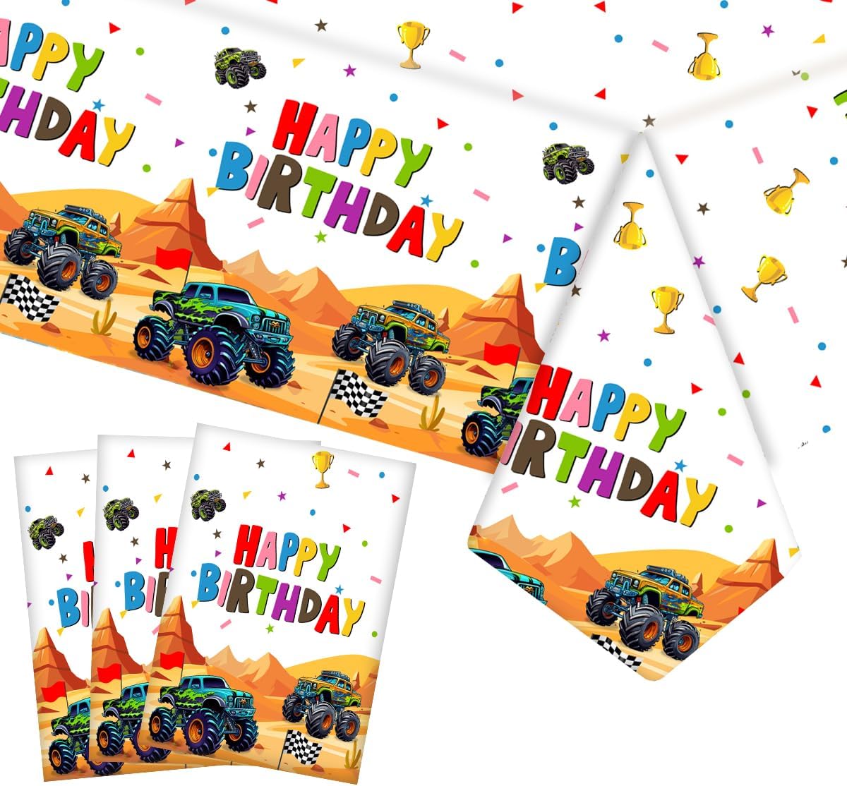 3PCS Monster Truck Tablecloth - Disposable TableCover, Checkered Tablecloth for Monster Truck Birthday Party Decorations,Racing Decorations