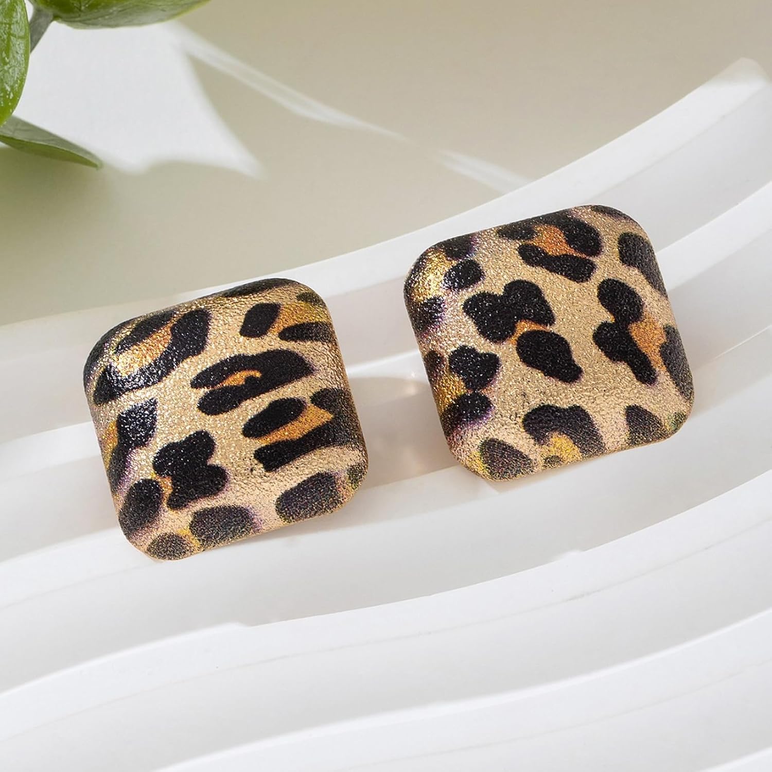 Leopard Earrings for Women Brown Hoops Leopard Print Square Geometric Clip on Earrings Brown Jewelry Accessories for Party Outfits Trendy Jewelry Gifts - Image 4