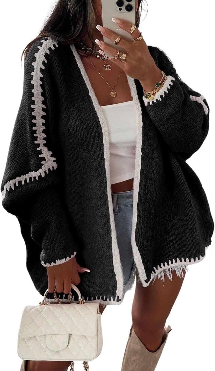 chouyatou Women Fall Open Front Color Block Cardigan Sweater Casual Striped Chunky Knit Oversized Cardigan