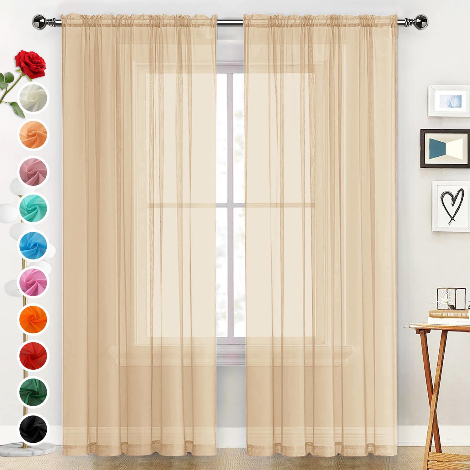 SpaceDresser Basic Rod Pocket Sheer Voile Window Curtain Panels Apricot 1 Pair 2 Panels 52 Width 72 Inch Long for Kitchen Bedroom Children Living Room Yard（Apricot, 52W x 72L）