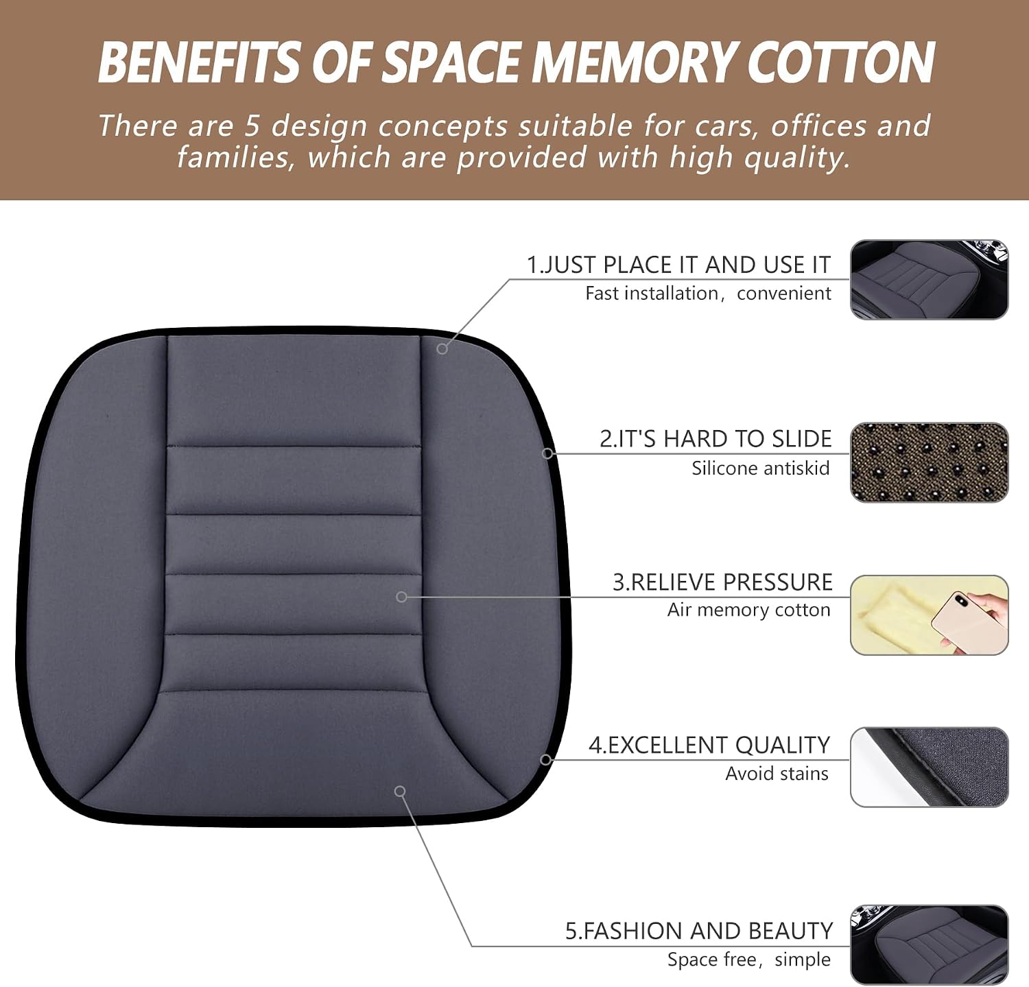 Car Seat Cushion Pad 1.2 Thick Comfort Seat Protector for Car Driver Seat Office Chair Home Use Memory Foam Seat Cushion with Non Slip Bottom,  Dark Gray