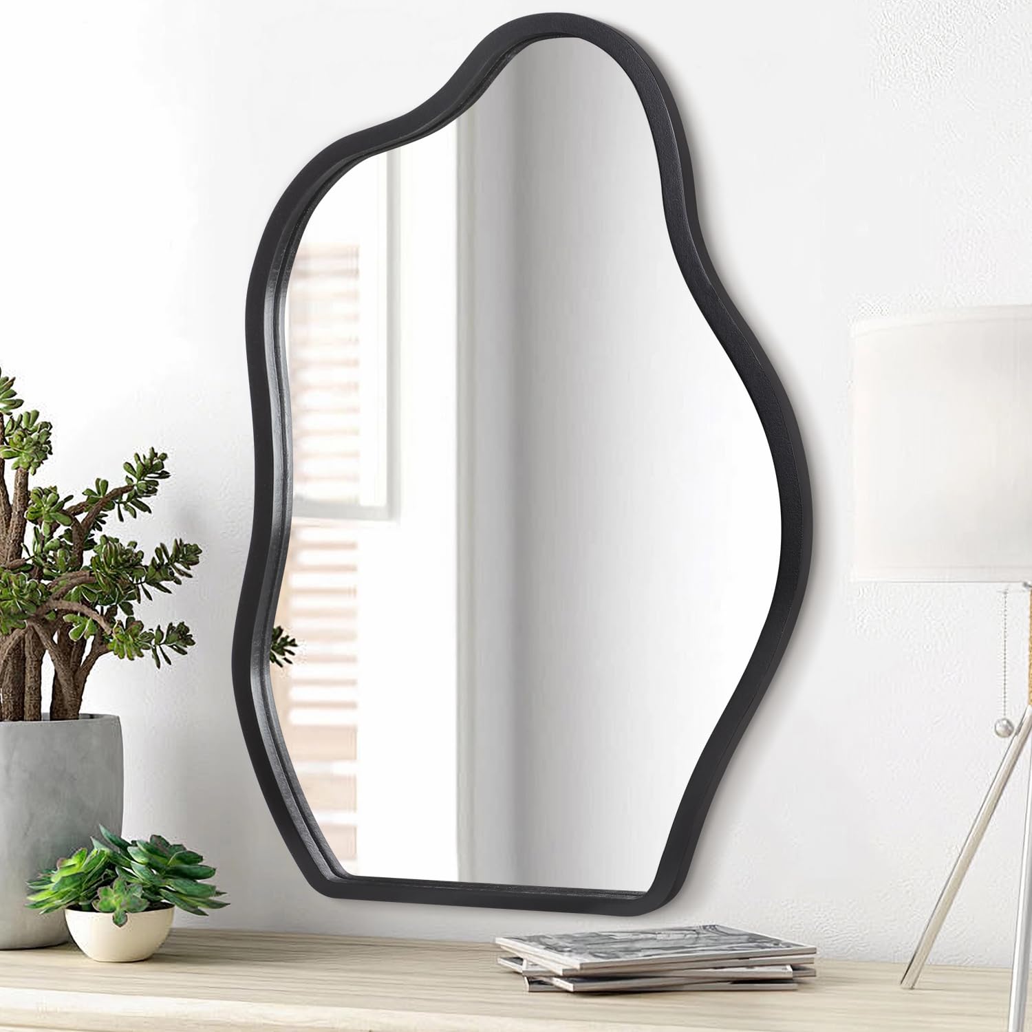 Lzuso Inky Irregular Mirror For Wall Decor Asymmetrical Wooden Framed Wall Mirror Modern Unique Shape Vanity Artistic Cloud Mirror Decorative For Living Room Bedroom Bathroom Entryway Black