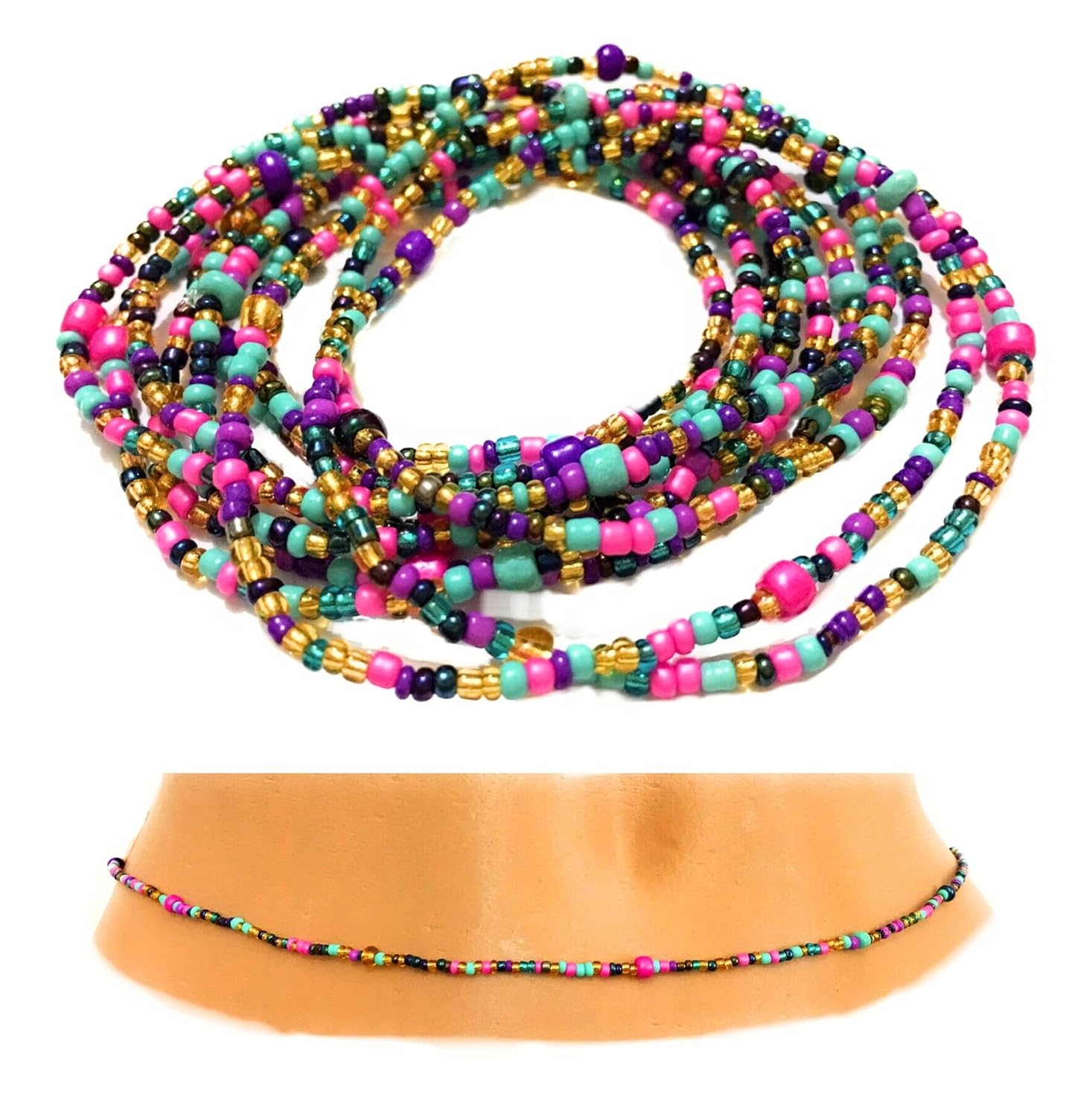 Waist beads, Belly Bead, Stretchy Elastic String, Multi-colored Jewlery, Beaded Body Jewelry, African Waist bead, Waist chain, Wear as Necklace Bracelet or Anklet.