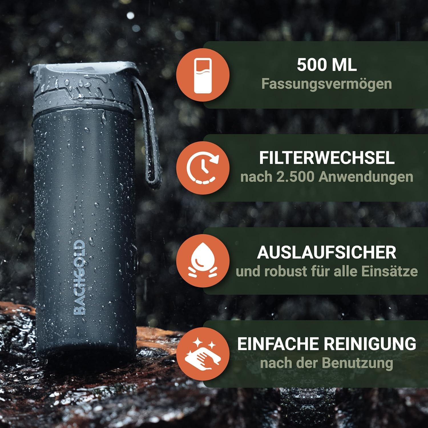Bachgold® Profi Outdoor Wasserfilter Flasche I Entfernt 99,99% aller Bakterien und filtert Mikroplastik, Partikel und Chlor I Blackout & Krisensicher (Schwarz, 500ml) + 1 Bachgold® Wasserfilter Outdoo