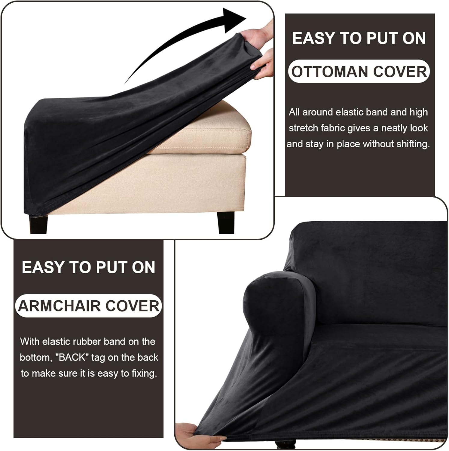 Chair and Ottoman Cover Set, Armchair and Ottoman Velvet Cover Non-Slip, Stretch Single Seat Sofa and Foot Stool Covers Set for Living Room (Black,Chair + Ottoman)