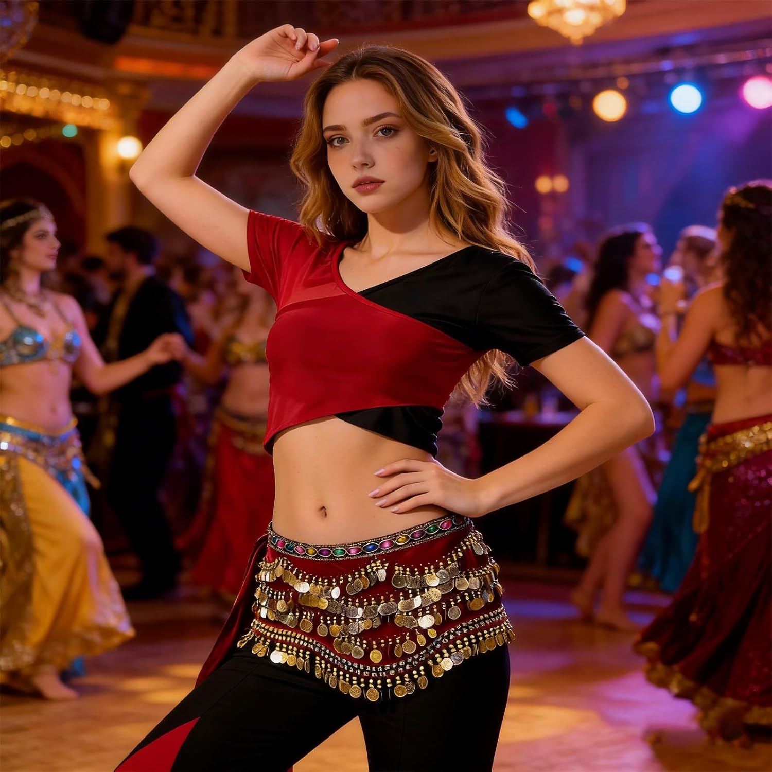 Women's Belly Dance Hip Scarves Performing Glittering Sequined Coins Velvet Belly Dance Hip Scarf