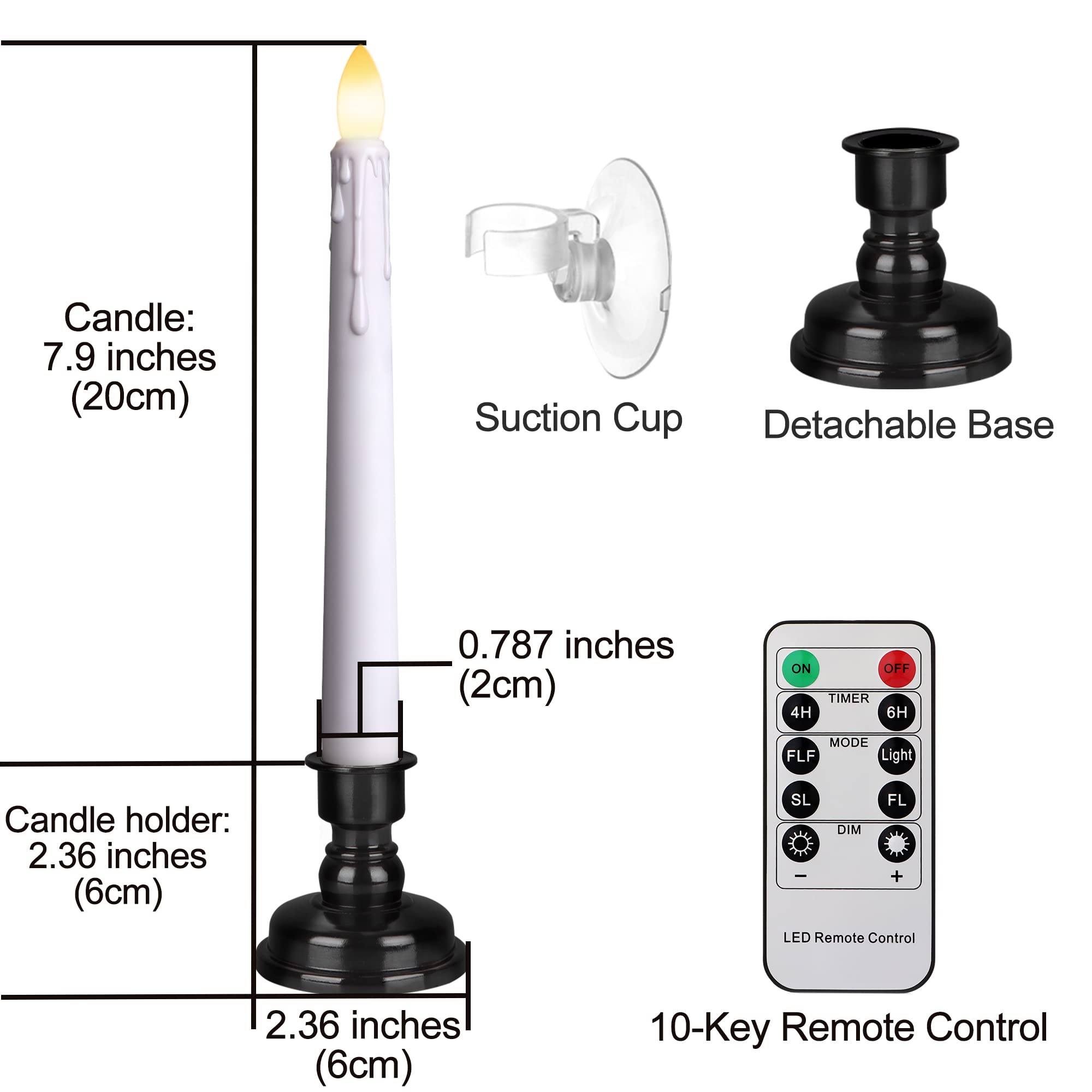 yunsheng Candele LED senza fiamma per finestra, con timer remoto, 20 cm, funzionamento a batteria, fiamma tremolante, nero rimovibile e ventose, decorazione per le vacanze (4 pezzi, bianco)