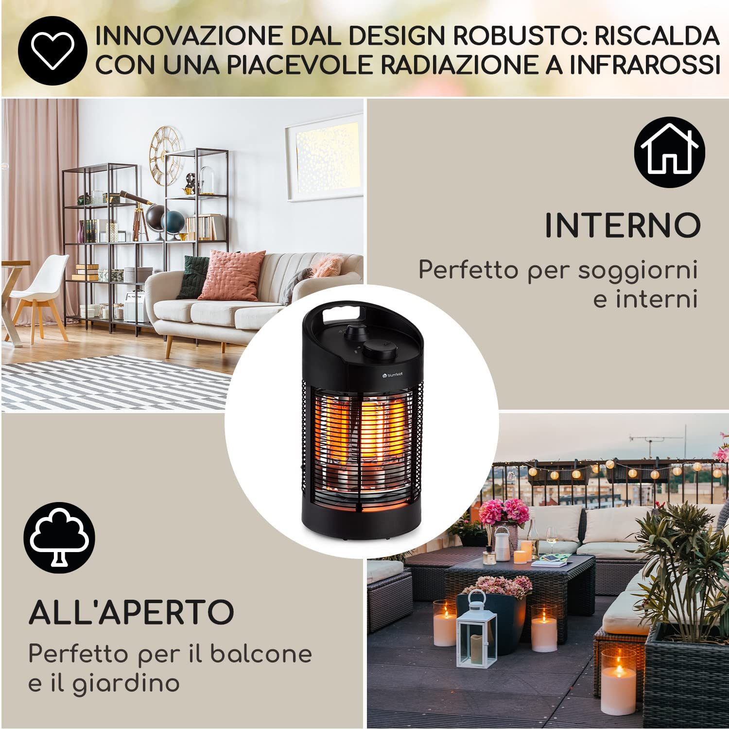 Klarstein Stufa Elettrica Basso Consumo, Colonnina Elettrica per Interno/Esterno 700W, Termosifone Elettrico, Pannello Radiante Infrarossi, Stufetta con Oscillazione 360°, IPX4, No CO2