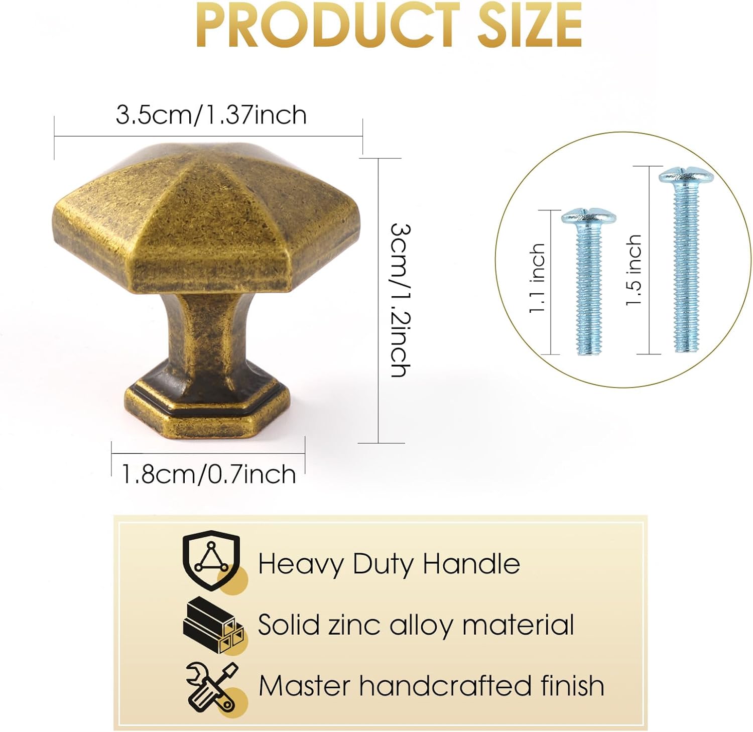 Antique Brass Cabinet Knobs,Vintage Retro Zinc Alloy Solid Dresser Single Hole Cabinet Pull Drawer Knob Hardware for Bedroom, Kitchen 6 Pack 2586