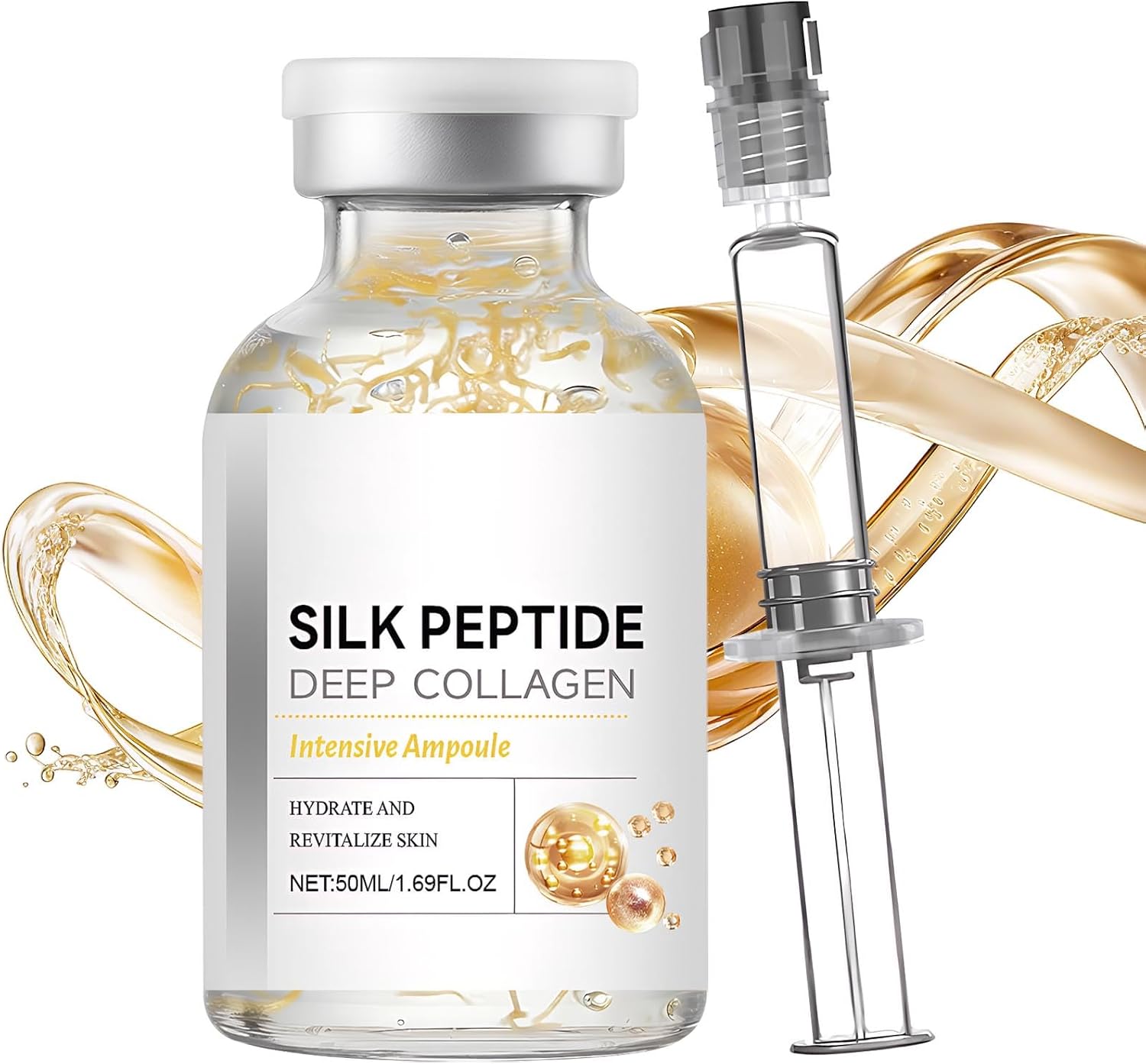 Korean Silk Collagen Ampoule with Syringe, Deep Collagen Silk Peptide Intensive Lifting Ampoule for Youthful, Radiant Skin-50ml