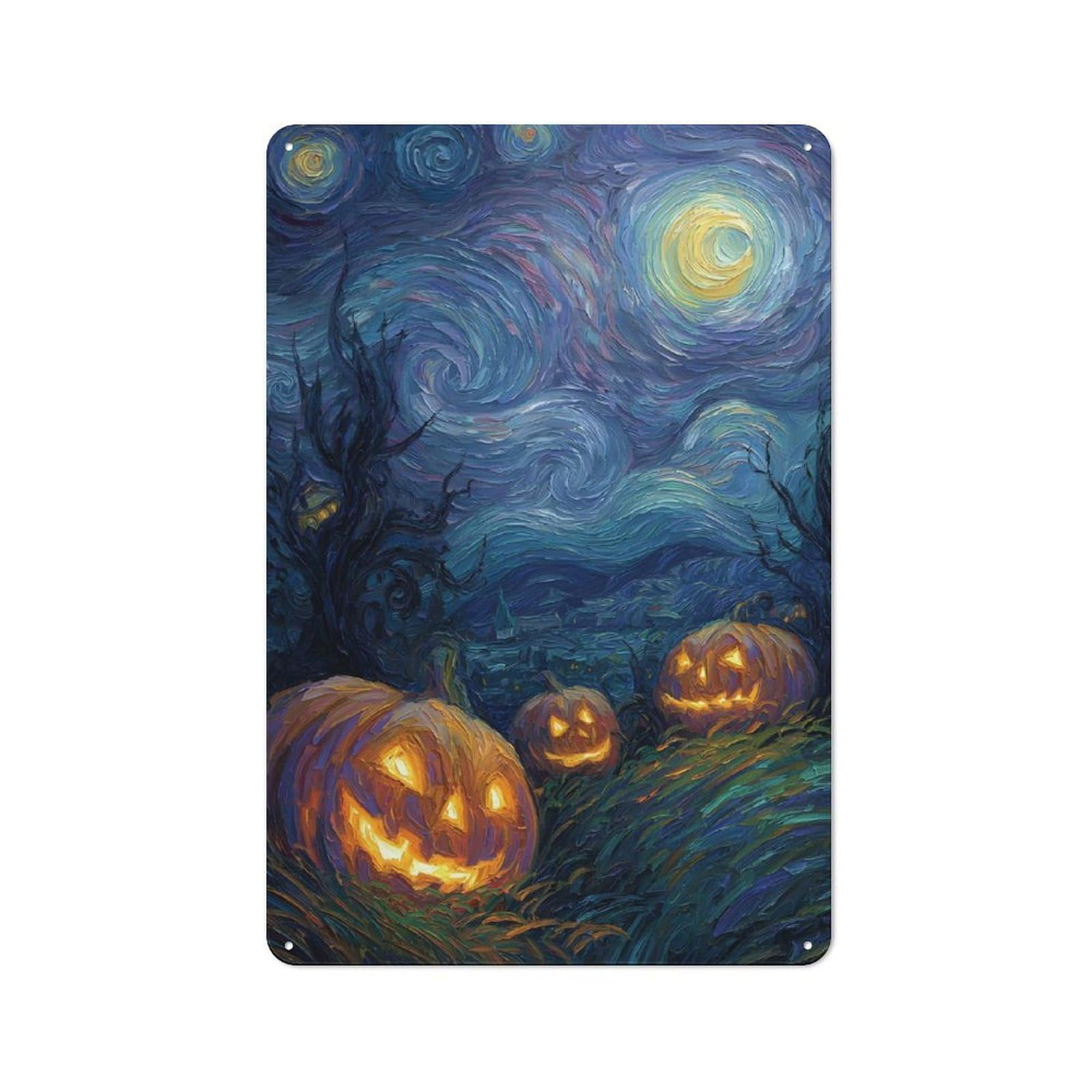 Junmoney Starry Halloween Night Painting Metal Plaque 30X20cm With For Garage Wall, Retro Decor, Housewarming Present For People Styling Garage