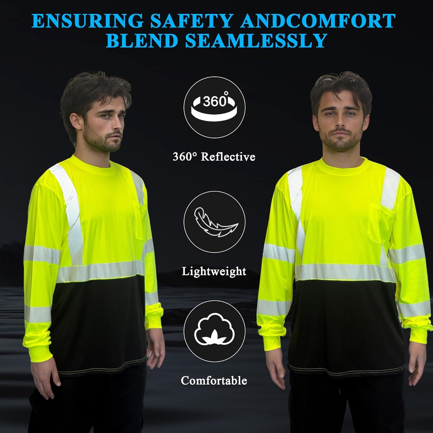 W&H Men's Hi Vis Long Sleeve Safety Shirts, ANSI Class 3 Reflective Workwear, UPF 40+ Heat Transfer Tape, Eco-Friendly, 3PK - Image 4