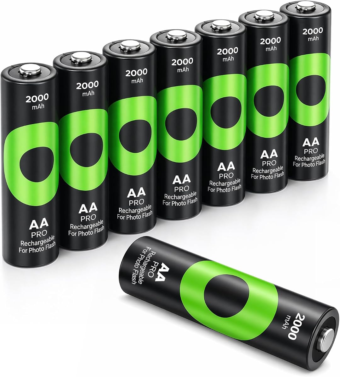 PRO 8 Pack Rechargeable AA Batteries, 2000mAh High Capacity Low Self-Discharge NiMH Batteries, Long Lasting Power for Digital Cameras, Flash Units & High-Drain Electronics