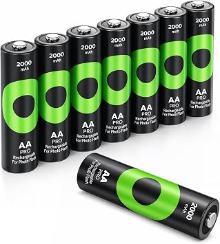 PRO 8 Pack Rechargeable AA Batteries, 2000mAh High Capacity Low Self-Discharge NiMH Batteries, Long Lasting Power for Digital Cameras, Flash Units & High-Drain Electronics