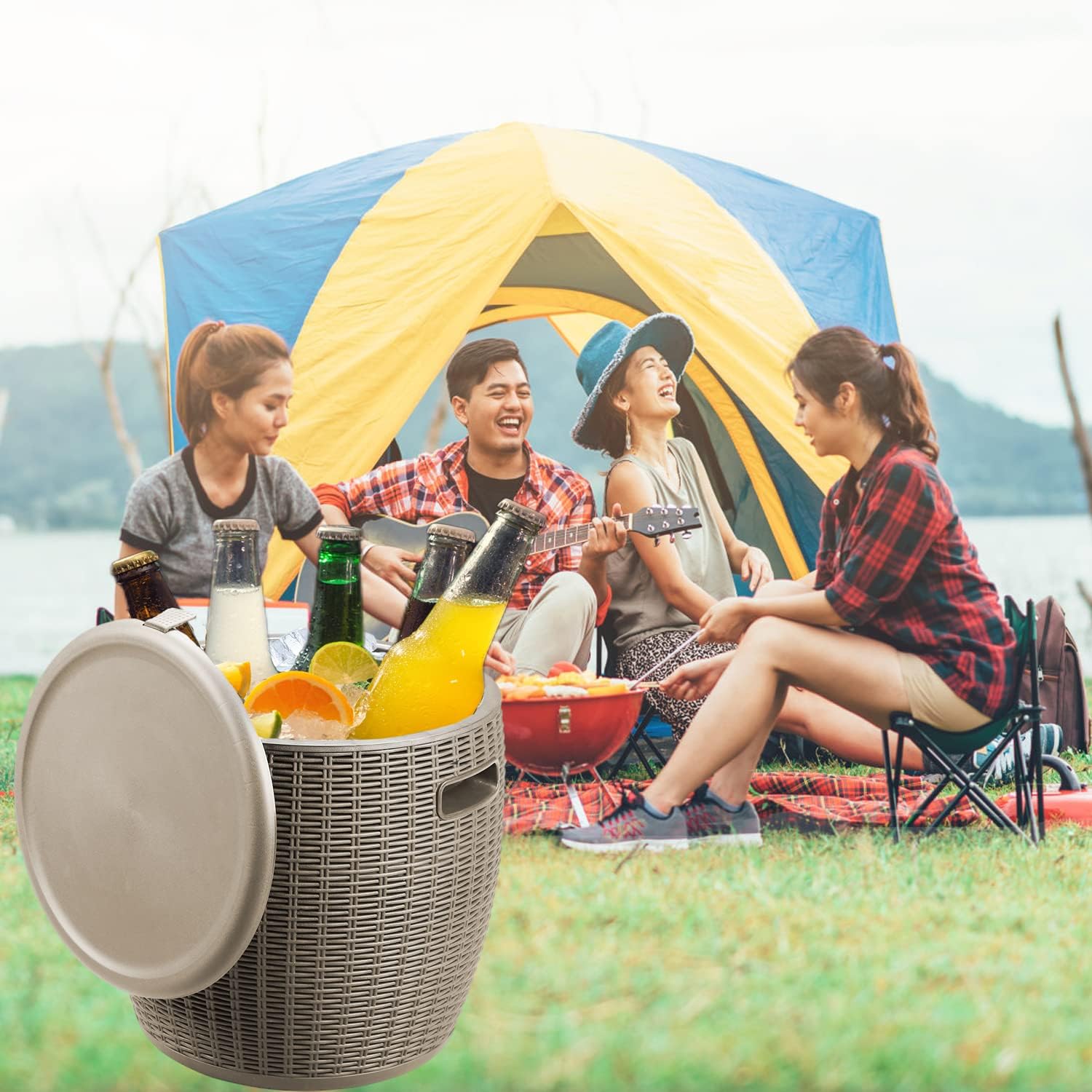 DOIT Outdoor Cooler Table for Patio and Deck, 9.5 Gallon All-Weather Resistant Wicker Ice Cool Bar Table with Lid, Side Handles & Drain Plug for Beverage, Wine & Beer, Rustic Patio Decor : Everything Else