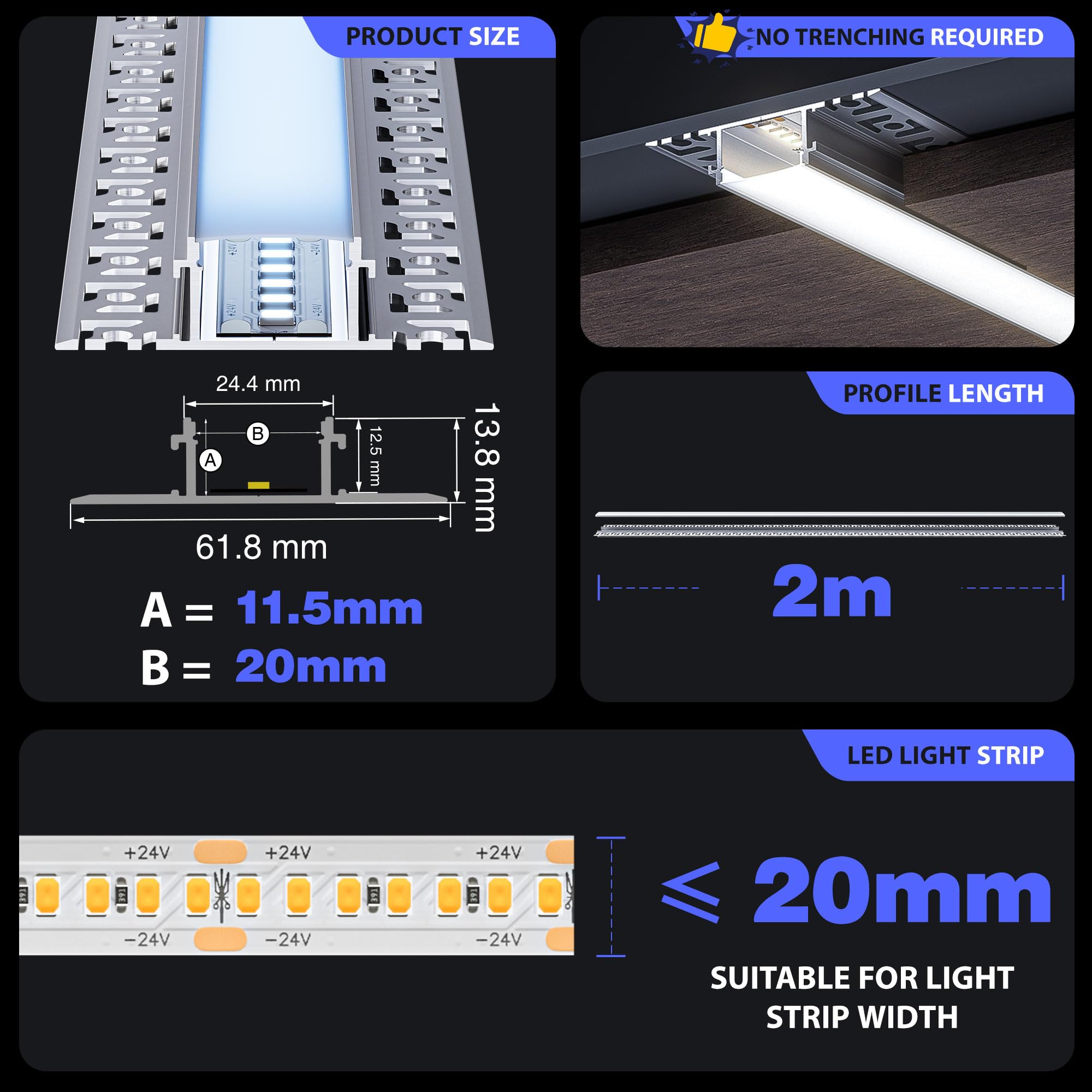 Profil aluminiowy LED HOOLED 10 x 2 m (20 m) z nieprzezroczystą osłoną z poliwęglanu, wymiary 24,4 mm x 13,8 mm (skrzydła 61,8 mm), obsługuje taśmy LED o szerokości mniejszej niż