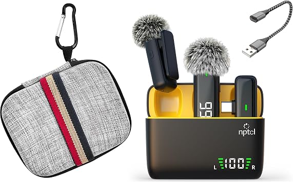 NPTCL Wireless Dual Lavalier Microphone Bundle with Grey Nylon Hard Storage Case, Noise Canceling Clip Mic with 1100mAh Charging Case, 70FT 2.4G Transmission, USB-C & USB-A Adapter for iPhone 17/16/15
