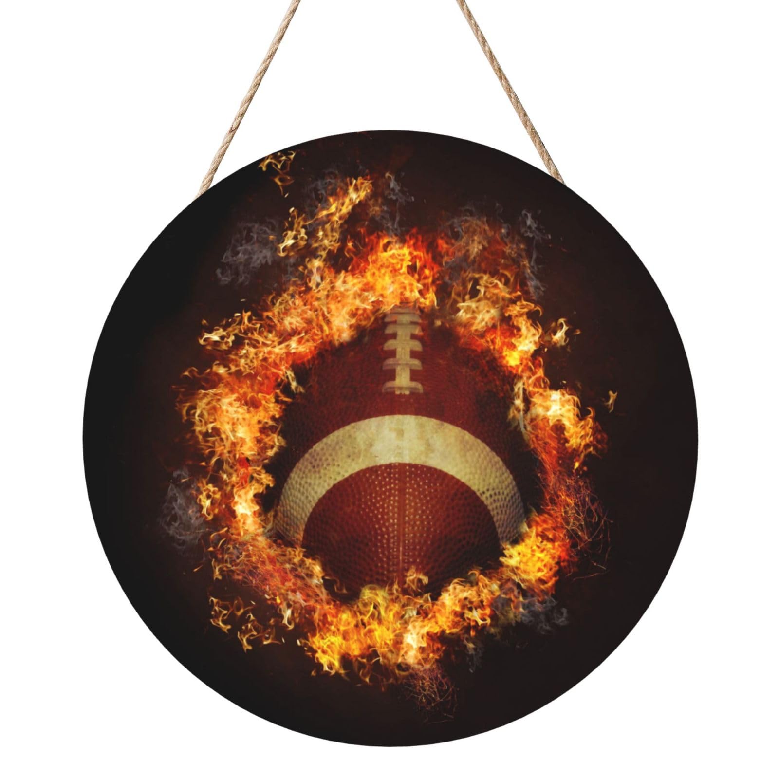 InOmak Flaming American Football Printed, Round Wood Panel Painting 12 in, Wall Hanging Painting For Home