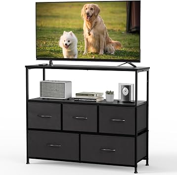 DUMOS TV Stand Media Console with LED Power Station, Open Storage Shelf & Small Accessory Drawers, Entertainment Cabinet, Living Room Bedroom Dorm Home Furniture, Black