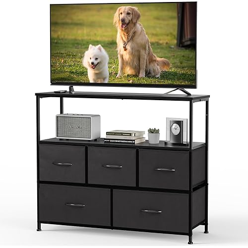 DUMOS TV Stand, Dresser with 5 Fabric Storage Drawers, Media Console Featuring Open Shelf for TV, Compact Entertainment Unit for Bedroom, Living Space, or Dorm Organization, Black