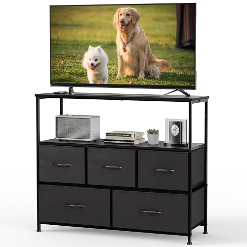 DUMOS TV Stand Media Console with LED Power Station, Open Storage Shelf & Small Accessory Drawers, Entertainment Cabinet, Living Room Bedroom Dorm Home Furniture, Black