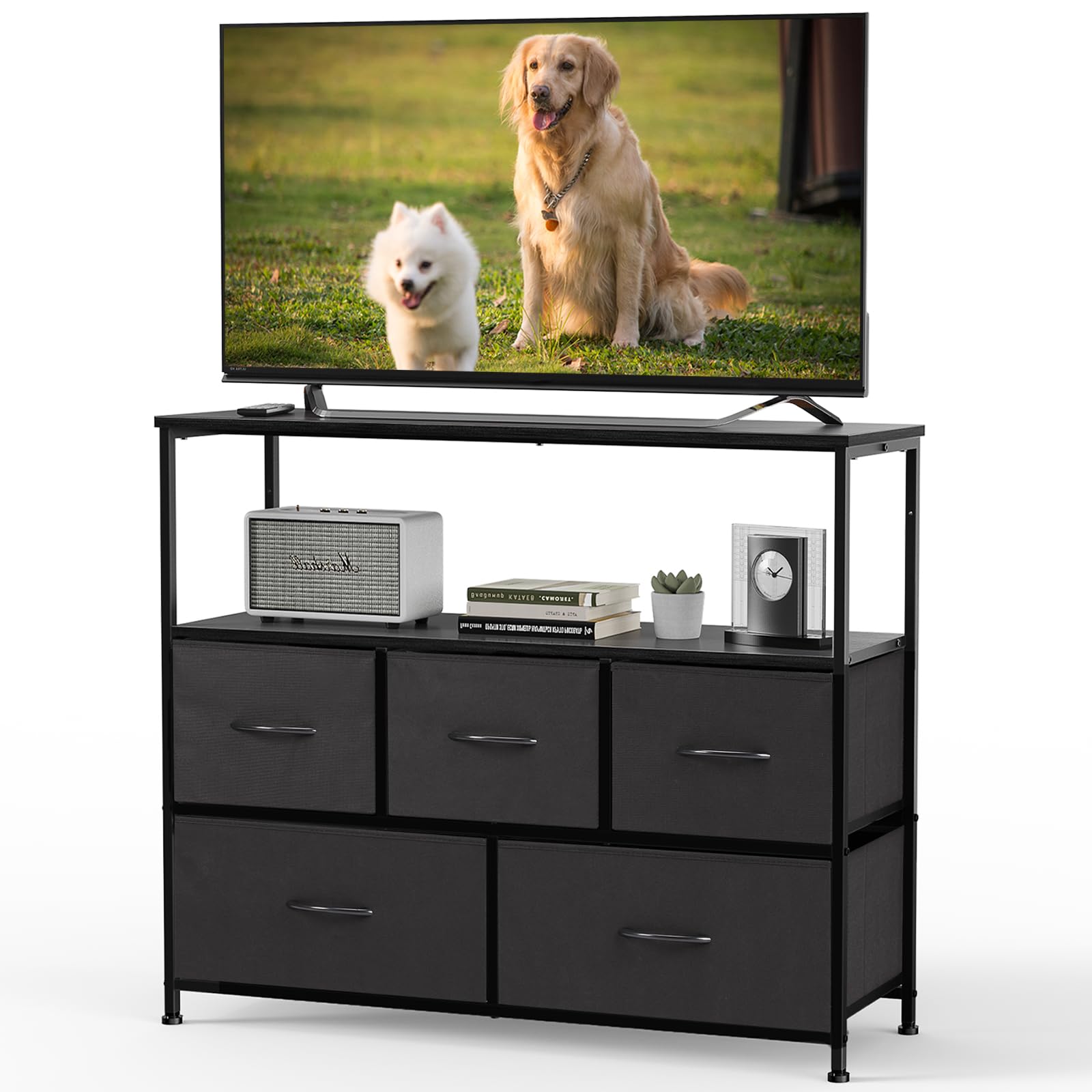 DUMOS TV Stand, Dresser with 5 Fabric Storage Drawers, Media Console Featuring Open Shelf for TV, Compact Entertainment Unit for Bedroom, Living Space, or Dorm Organization, Black