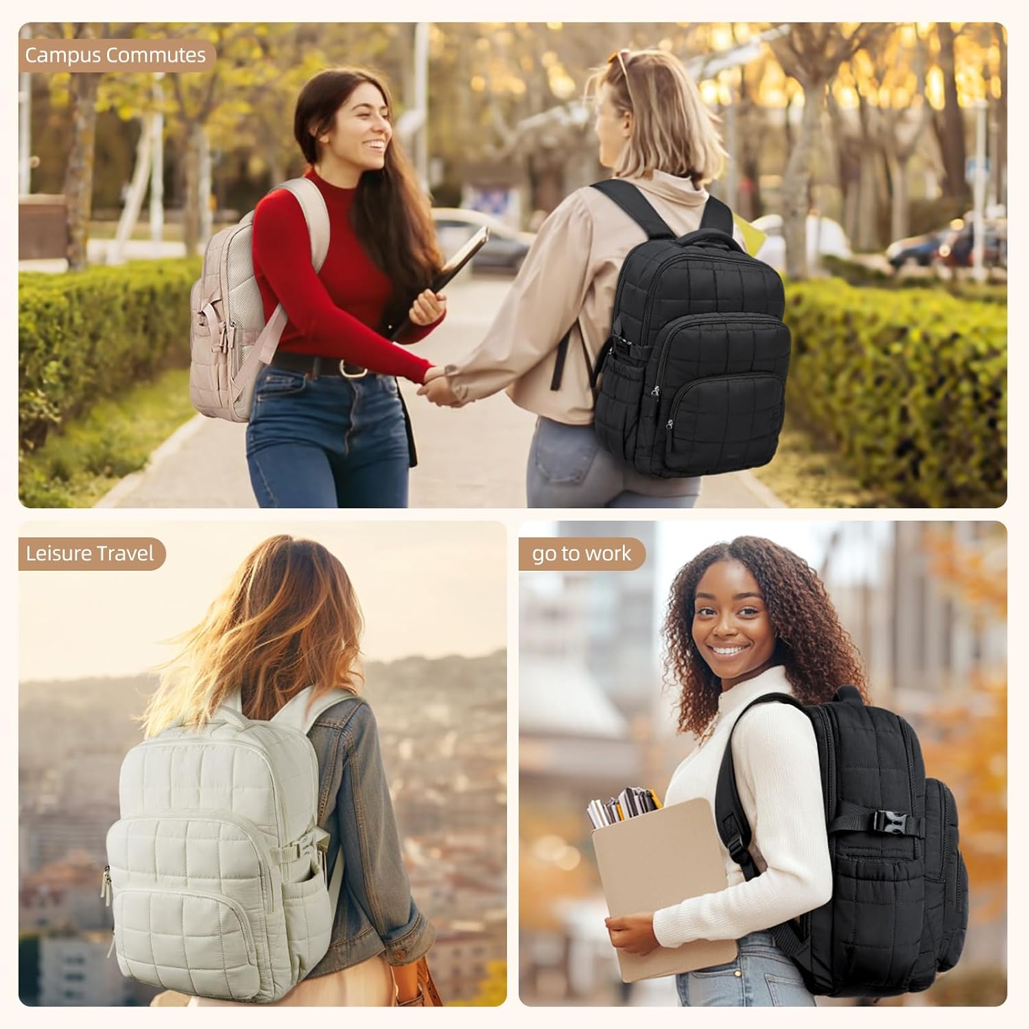 CLUCI 17.3 Inch Laptop Backpack for Women, Anti Theft Travel Backpack, Puffer Quilted Work Backpack, Water Resistant College Bookbag, Carry on backpack with RFID (Beige) - Image 2