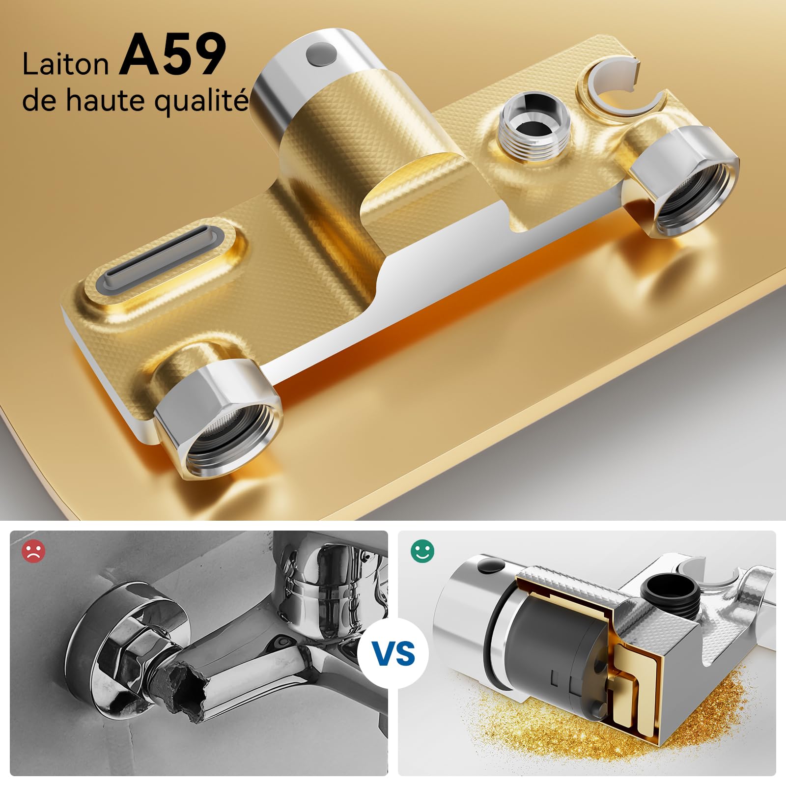 Auralum Mitigeur de Douche et Bain en Laiton Chrome - Robinet avec Bec Cascade Orientable, Douchette 5 Jets, Flexible Inox 1.5m et Tablette de Rangement Intégrée, Système de Douche de Rénovation