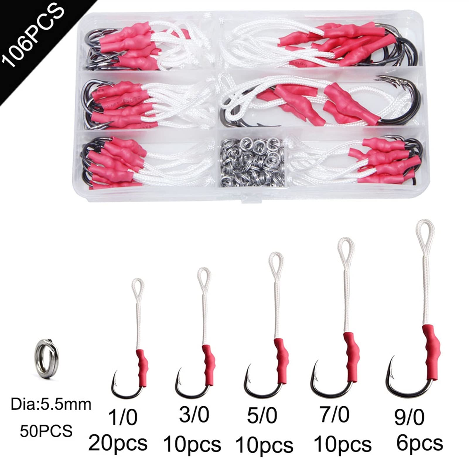 Ganchos de Gusano 50 PCS Gancho de Pesca de Acero Inoxidable con línea Ganchos lentos Mosca atando Metal Jigging Cebo Asistencia Ganchos Anzuelos de Pesca Surtidos (Color : 1/0)
