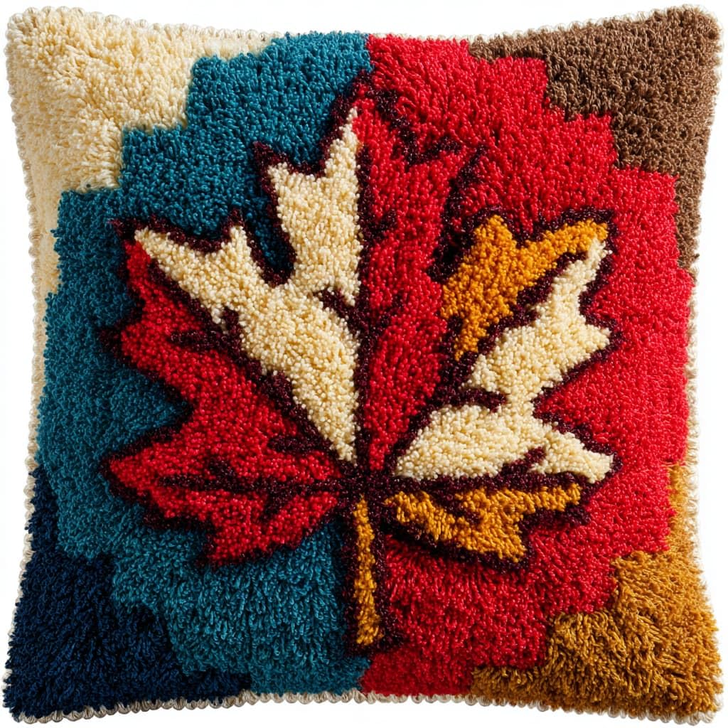 Taxpy Latch Hook Kits, Red Maple Leaves Pillow Pre-Printed Patterns Pillowcase Needlework Crochet Yarns Latch Hooking Cushion for Sofa Decor 17x17inch